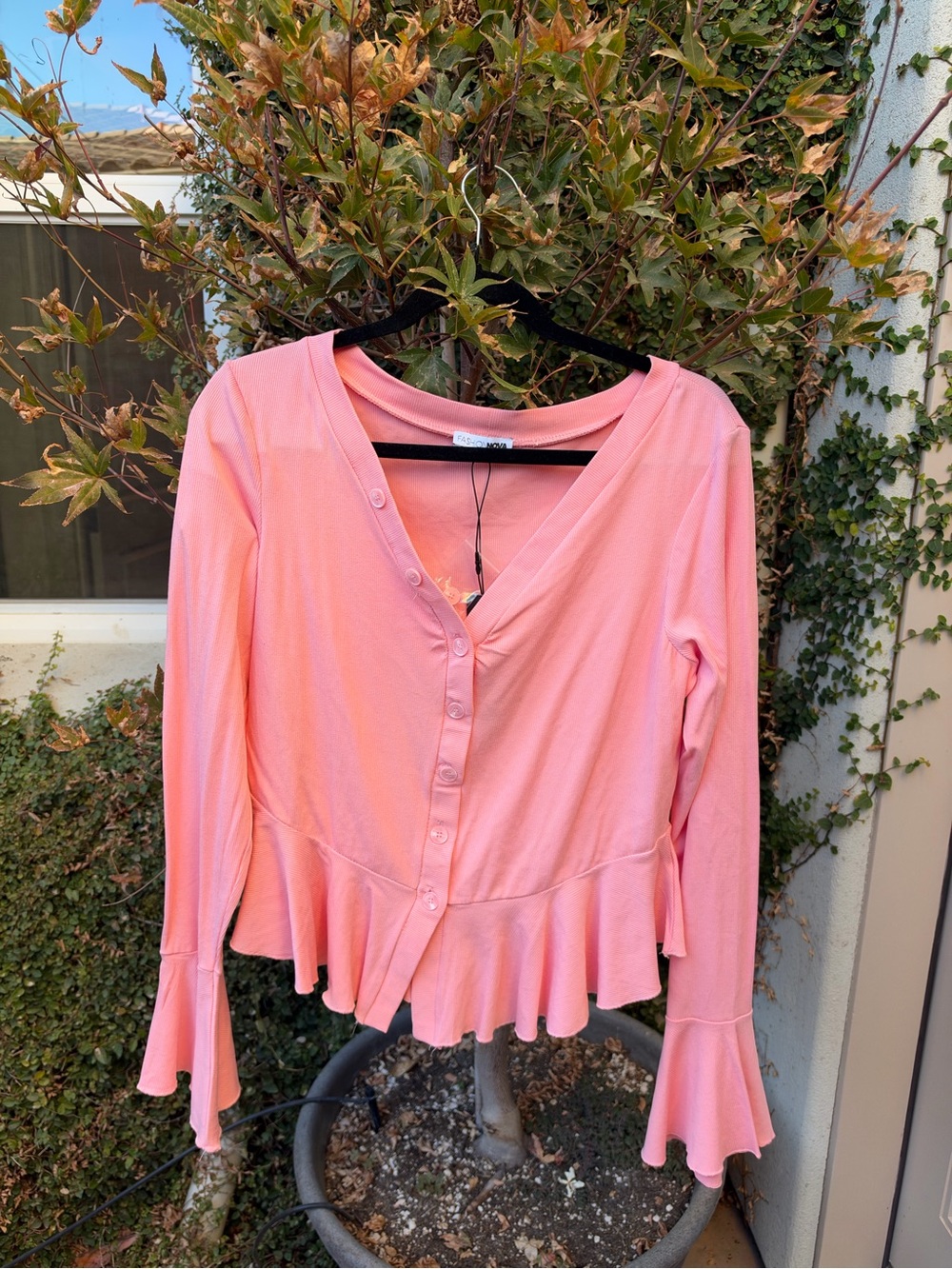 Fashion Nova Pink Ruffle-Hem Button Down Top
